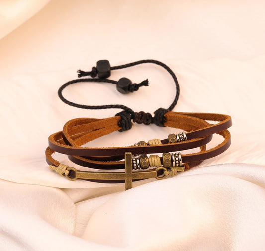 Multi-Layer Cross Beaded Leather Bracelet