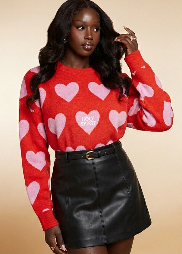 Woman wearing a red sweater with pink hearts and a black leather skirt on a beige background