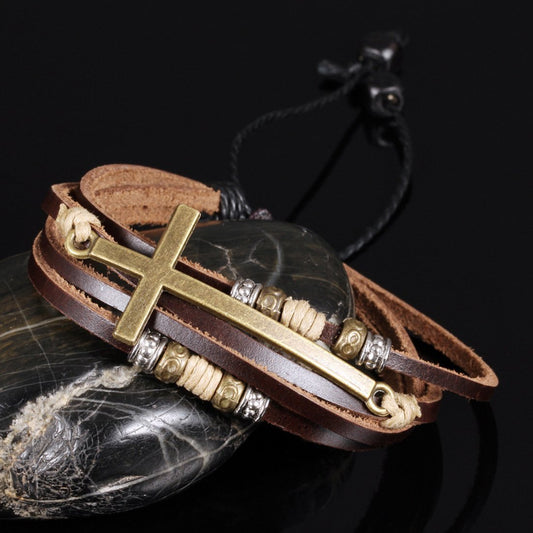 Multi-Layer Cross Beaded Leather Bracelet